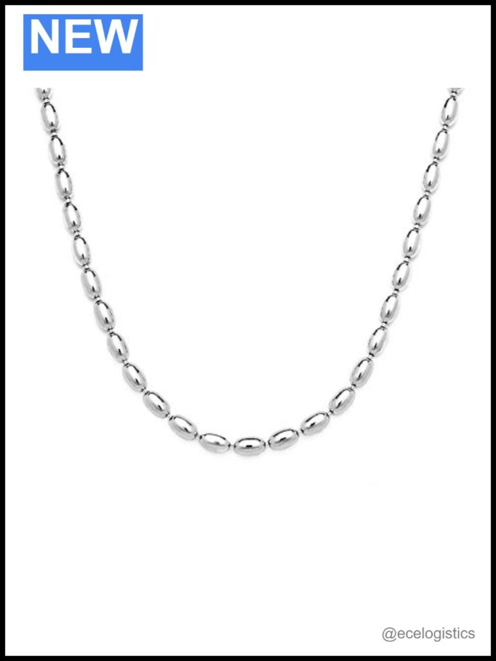 925 Sterling Silver Italian Oval Bead Necklace, 3MM, 4MM, Rice Bead Chain